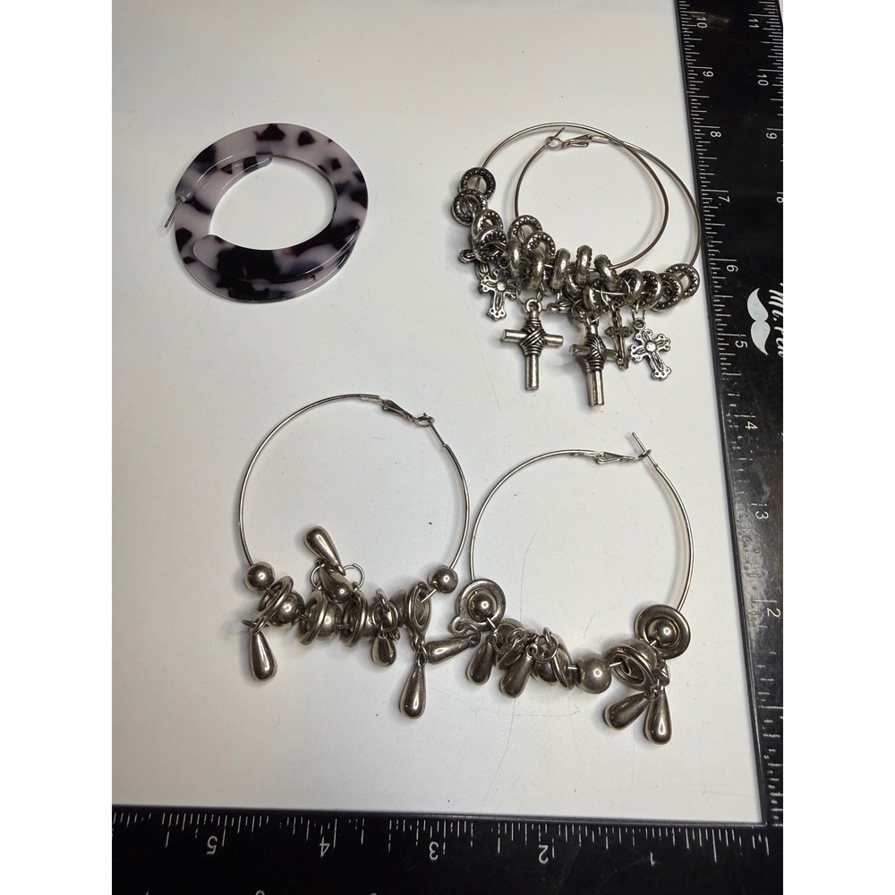 3 Pair Statement Earring Lot Silver Tone Cross Charms Teardrop & Resin Hoops